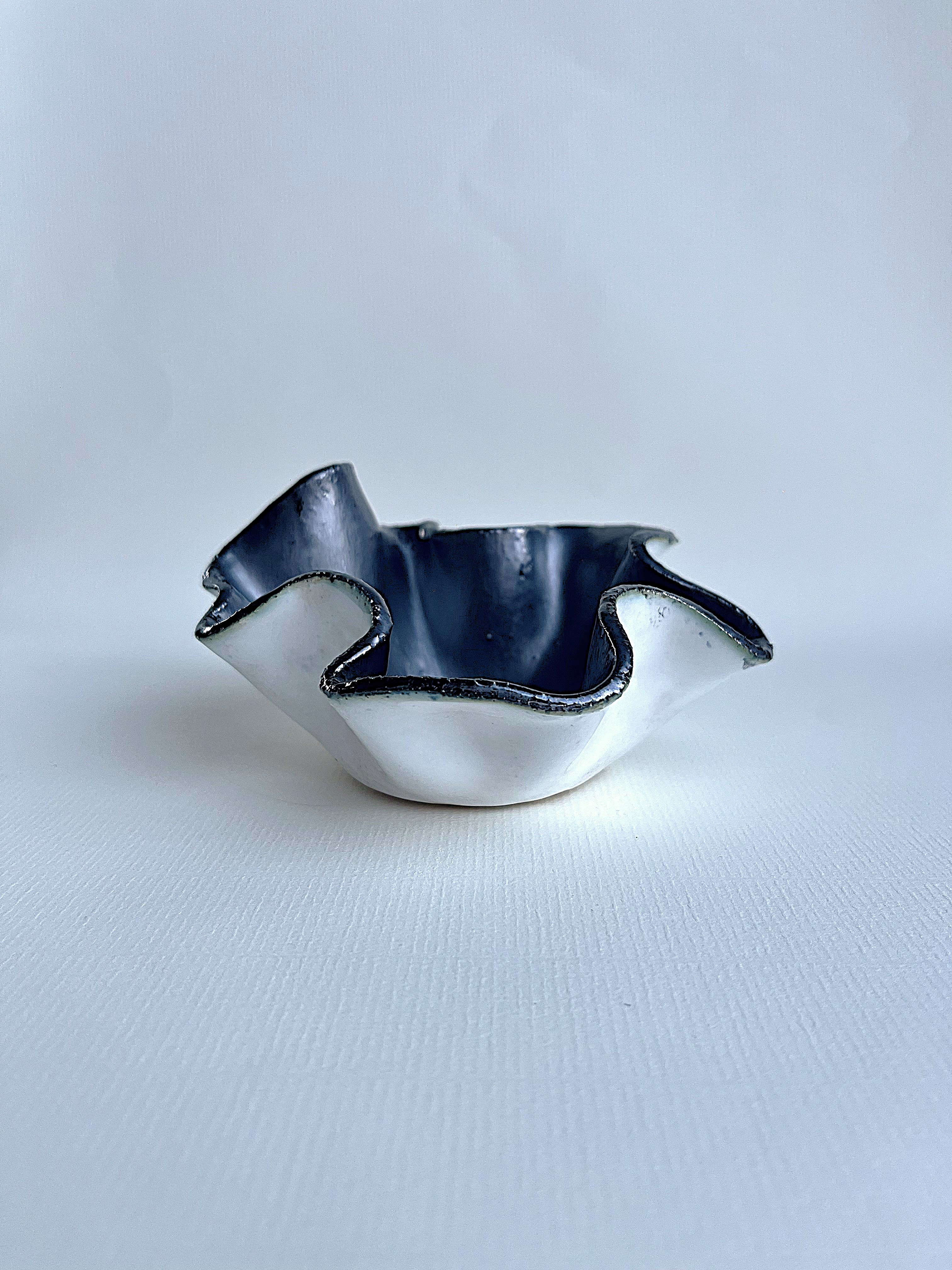 Handcrafted Wavy-Edge Ceramic Bowl in Dark Blue Glaze