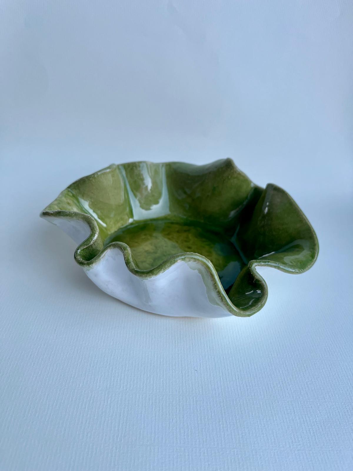 Handcrafted Wavy-Edge Ceramic Bowl in Olive Glaze